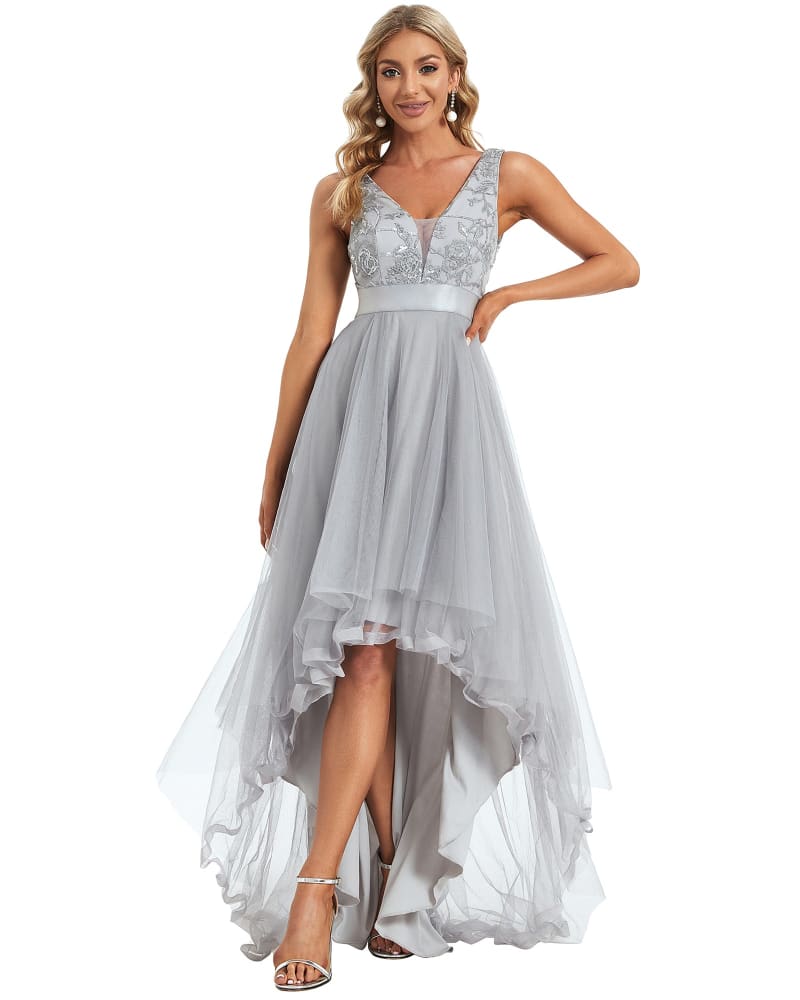 Front of a model wearing a size 12 Sleeveless V-back Tulle High-Low Sequin Appliques Evening Dresses in Grey by Ever-Pretty. | dia_product_style_image_id:321660